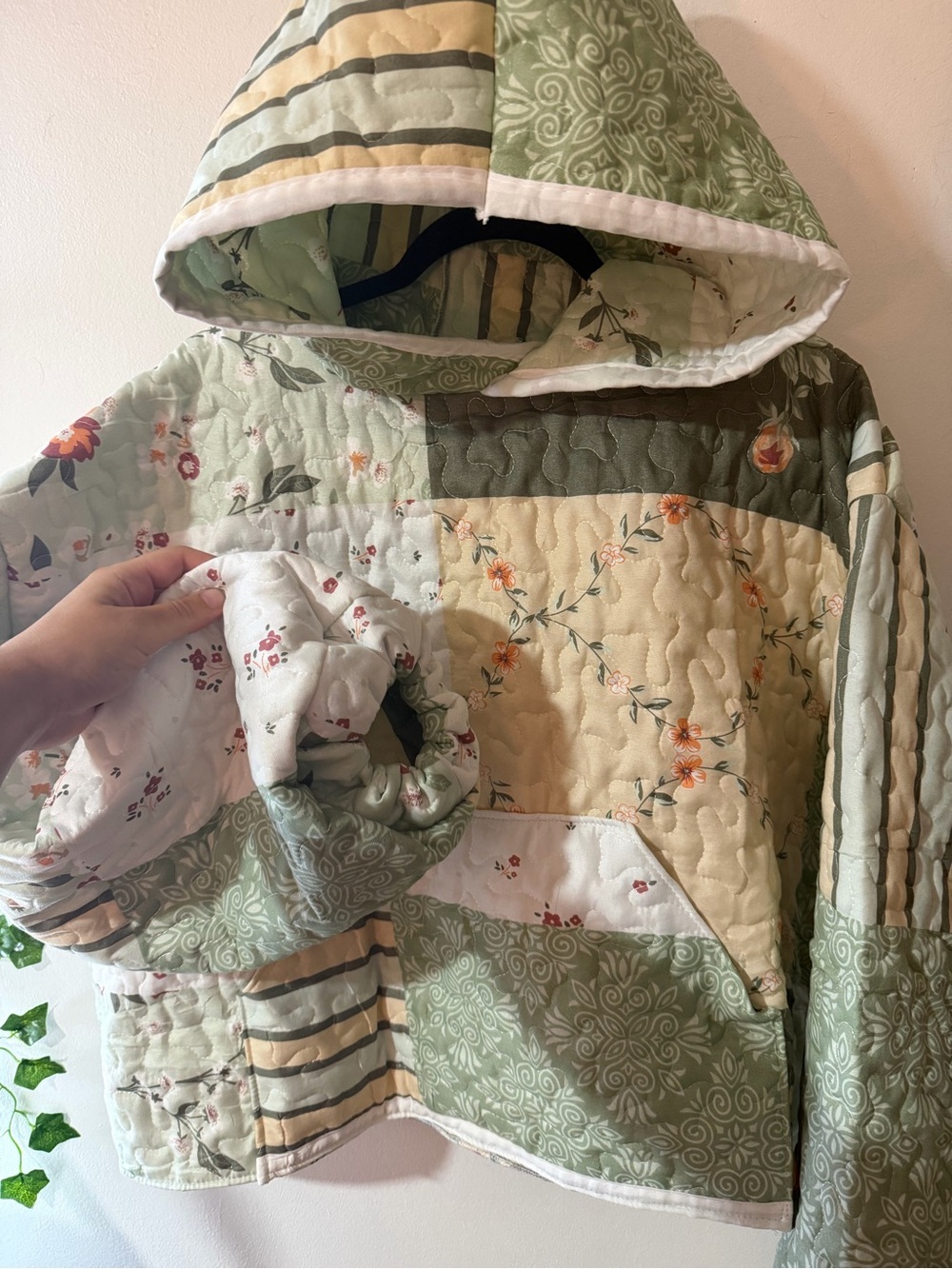 (SOLD) Quilted Patchwork Hooded Sweatshirt in Sage & Cream - Picture 2 of 4